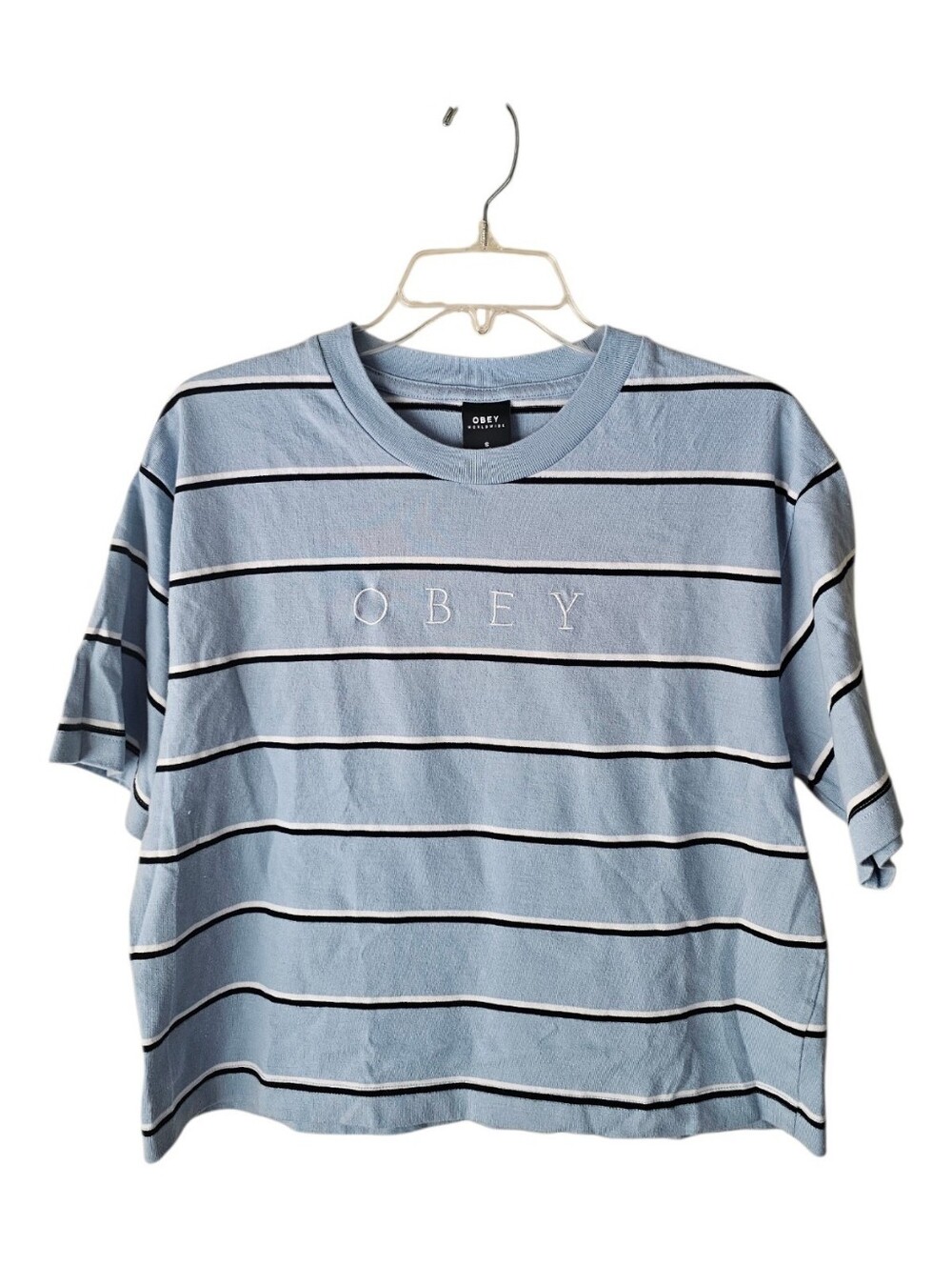 Obey Cropped Light Blue Striped Logo Tee